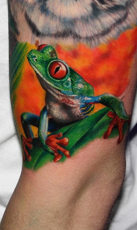 Colorful Frog Tattoo On Left Half Sleeve