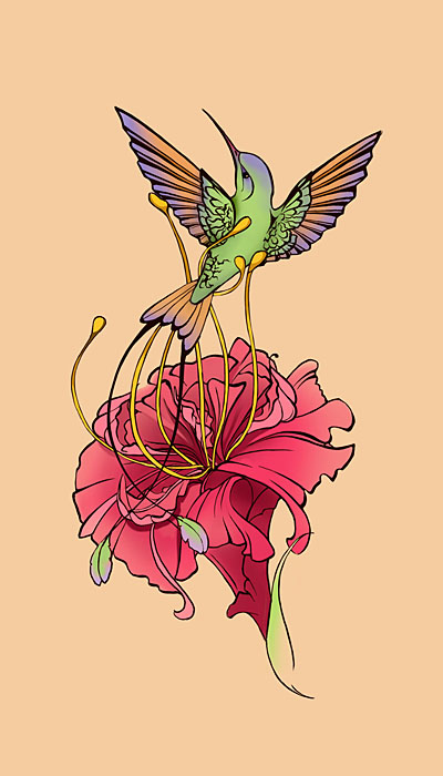 Colorful Geranium Flower With Flying Bird Tattoo Design By Ngaladel