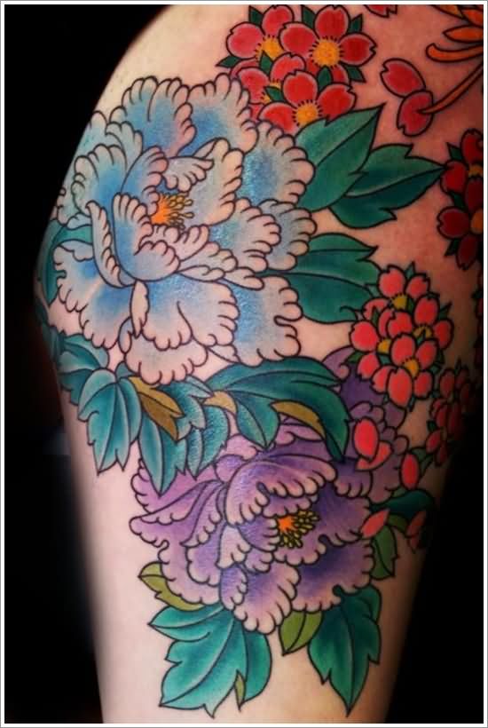 Colorful Japanese Peony Flowers Tattoo Design For Leg