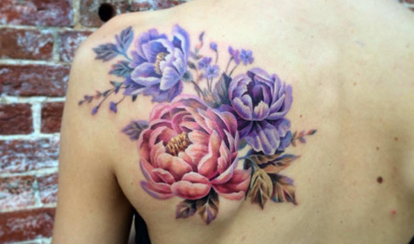 Colorful Peony Flowers Tattoo On Left Back Shoulder