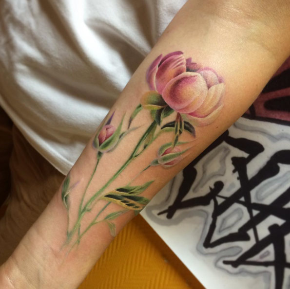 Colorful Peony Flowers Tattoo On Right Forearm By Svetlana Liubchenko