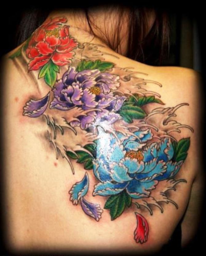 Colorful Peony Flowers Tattoo On Women Right Back Shoulder