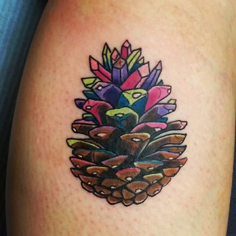 Colorful Pine Cone Tattoo Design For Leg Calf