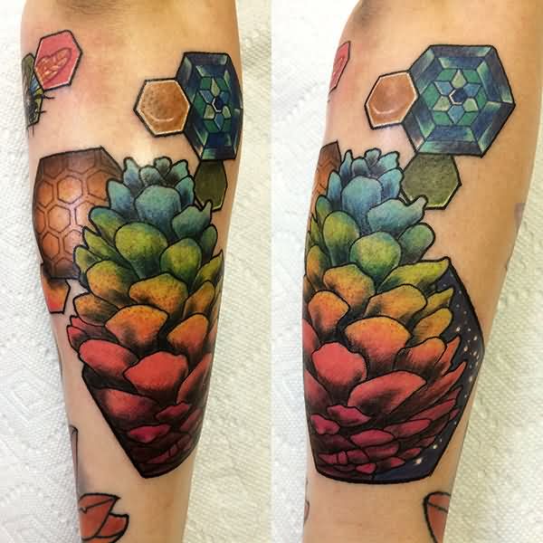 Colorful Pine Cone Tattoo On Forearm
