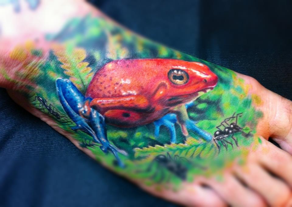Colorful Realistic Frog Tattoo On Right Foot