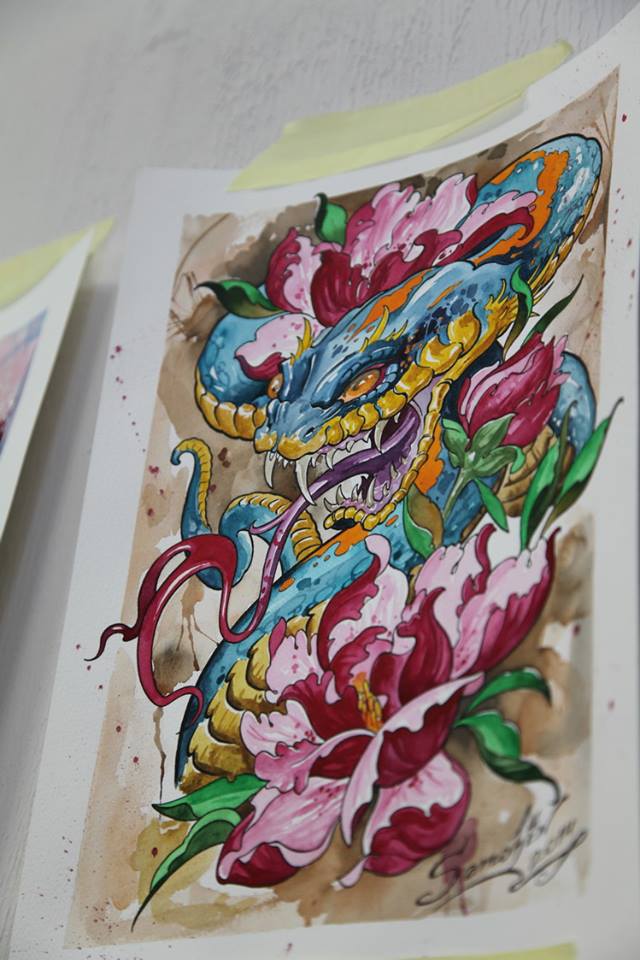 Colorful Snake With Flowers Tattoo Design