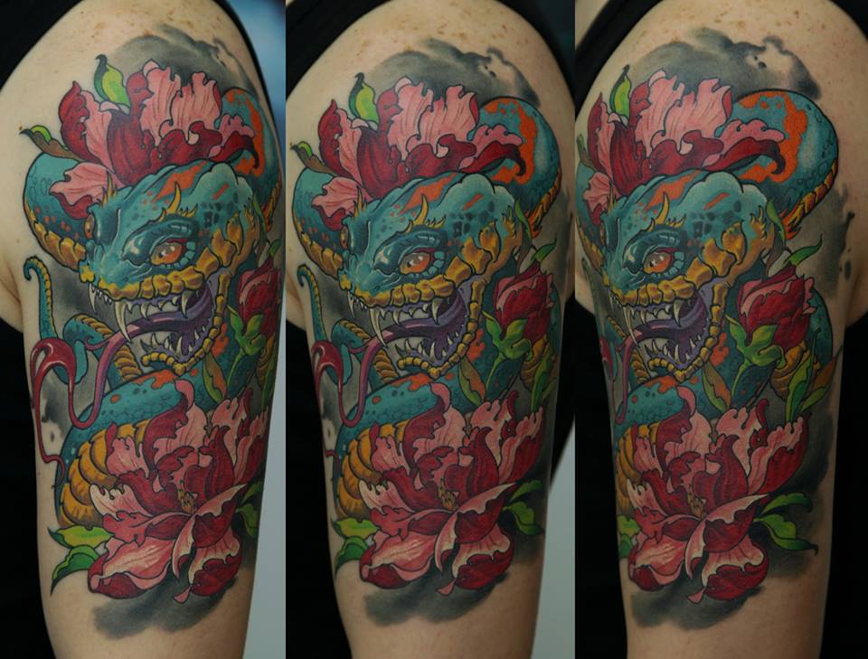 Colorful Snake With Flowers Tattoo On Left Half Sleeve By Dmitriy Samohin