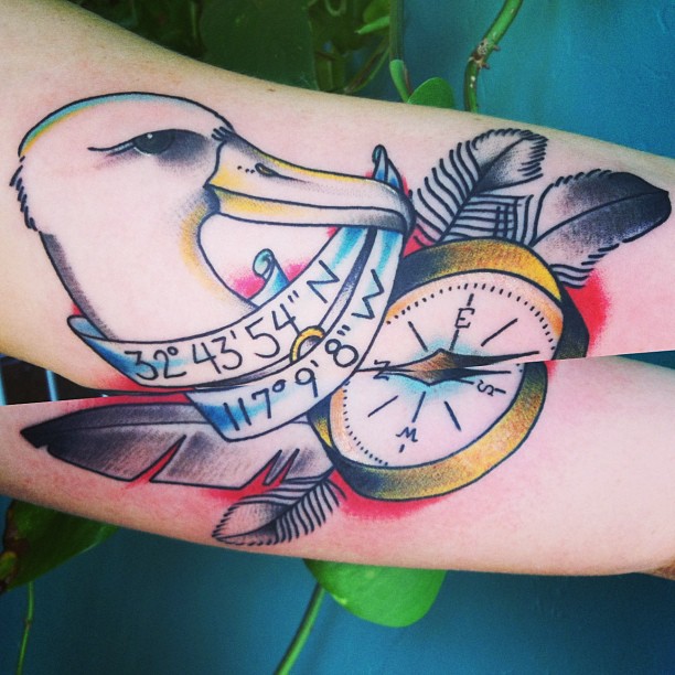 Colorful Traditional Albatross With Banner And Compass Tattoo On Sleeve