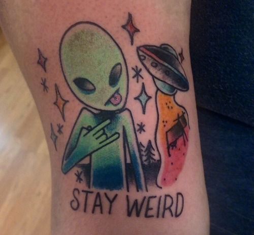 Colorful Traditional Alien With UFO Tattoo Design For Sleeve