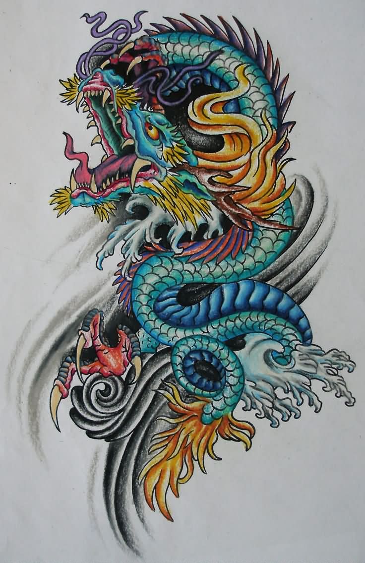Colorful Traditional Chinese Dragon Tattoo Design By Bekah Bass