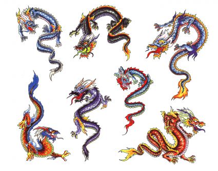 Colorful Traditional Chinese Dragons Tattoo Flash