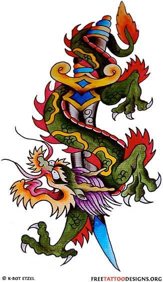 Colorful Traditional Dagger With Japanese Dragon Tattoo Design