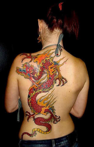 Colorful Traditional Dragon Tattoo On Girl Full Back