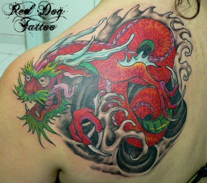 Colorful Traditional Dragon Tattoo On Left Back Shoulder