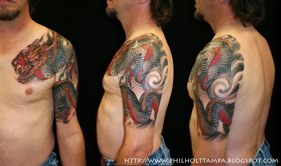Colorful Traditional Dragon Tattoo On Man Left Half Sleeve