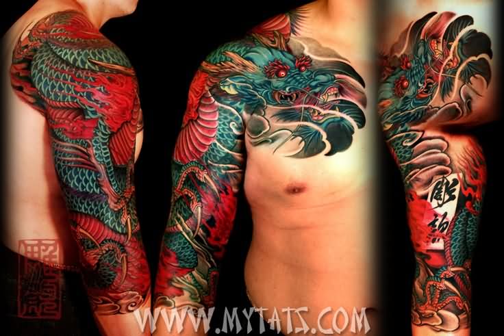 Colorful Traditional Dragon Tattoo On Man Right Half Sleeve And Front Shoulder