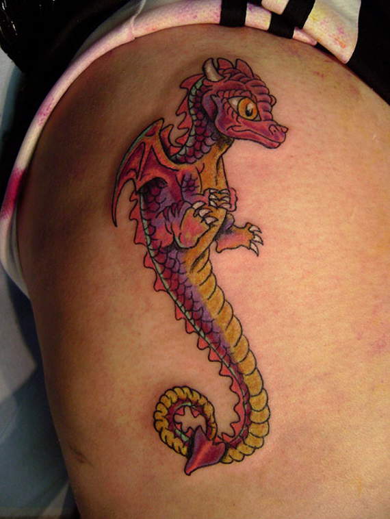 Colorful Traditional Dragon Tattoo On Right Shoulder