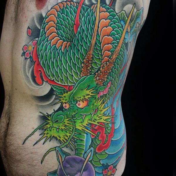 Colorful Traditional Dragon Tattoo On Side Rib