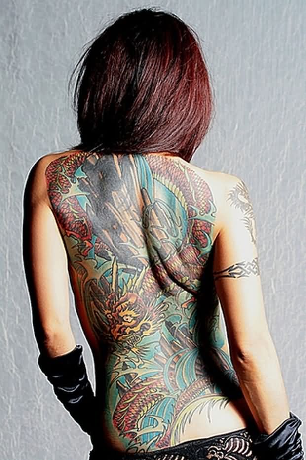 Colorful Traditional Dragon Tattoo On Women Full Back