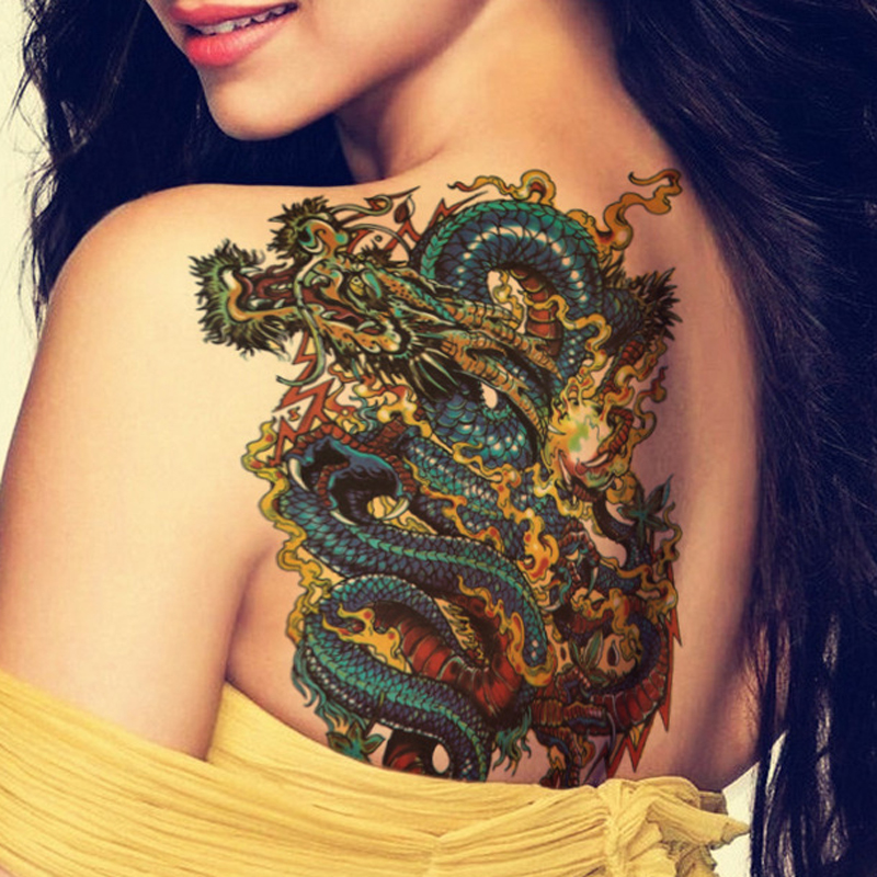Colorful Traditional Dragon Tattoo On Women Left Back Shoulder