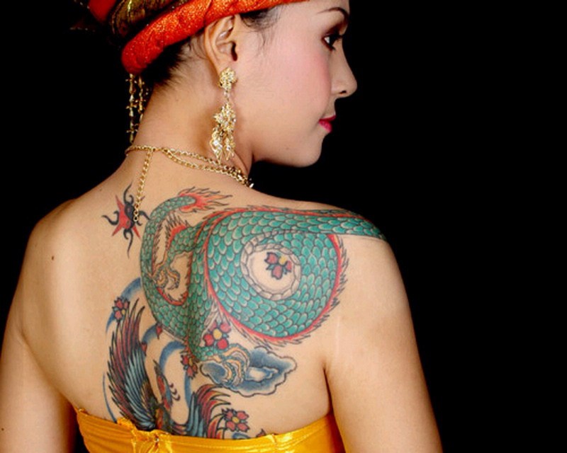 Colorful Traditional Dragon Tattoo On Women Right Back Shoulder
