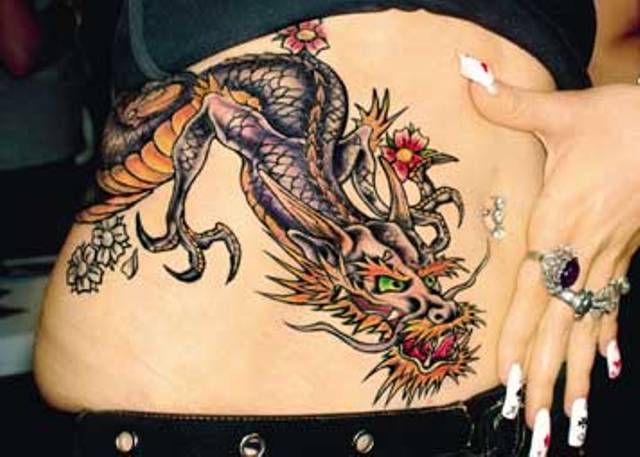 Colorful Traditional Dragon Tattoo On Women Right Side Rib