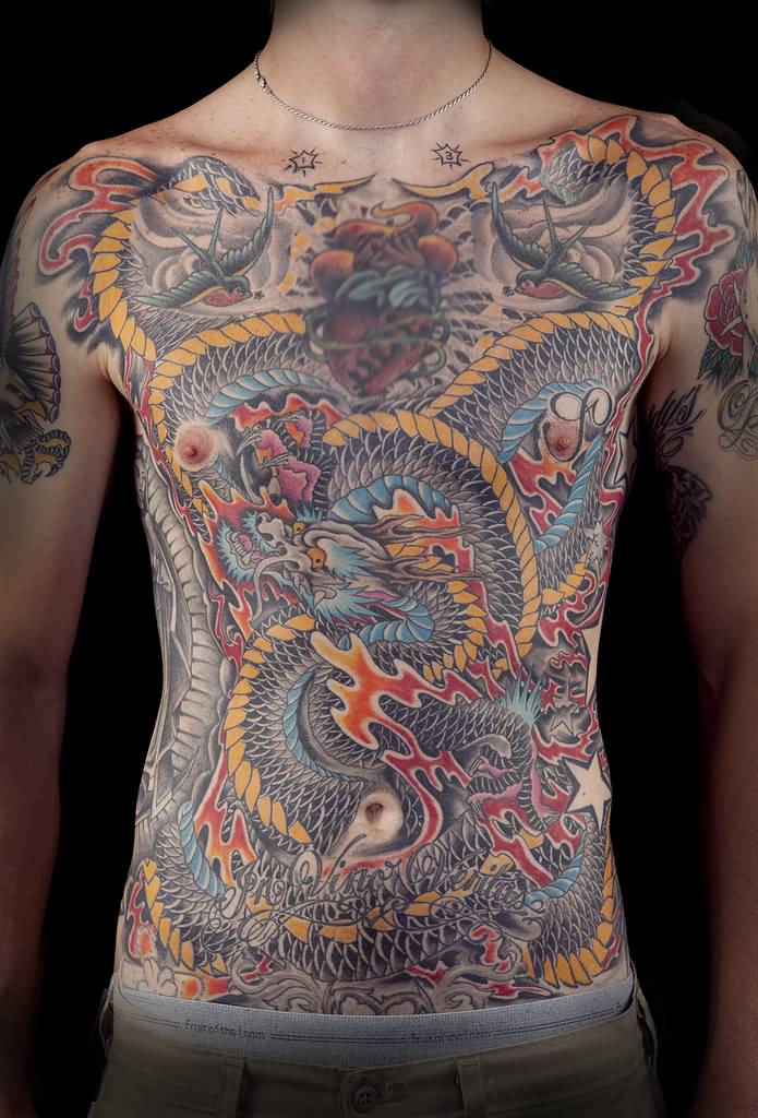 Colorful Traditional Dragon With Real Heart And Flying Birds Tattoo On Full Body