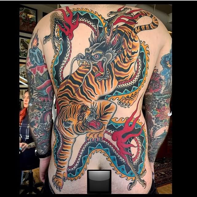 Colorful Traditional Dragon With Tiger Tattoo On Full Back
