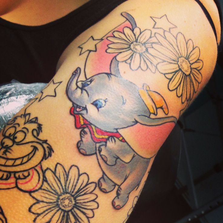 Colorful Traditional Dumbo Tattoo On Left Half Sleeve