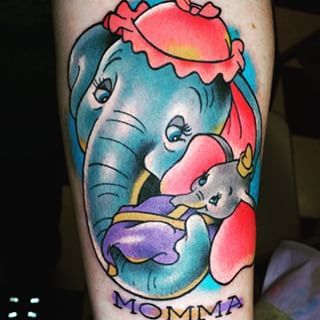 Colorful Traditional Dumbo With Mother Tattoo Design For Sleeve