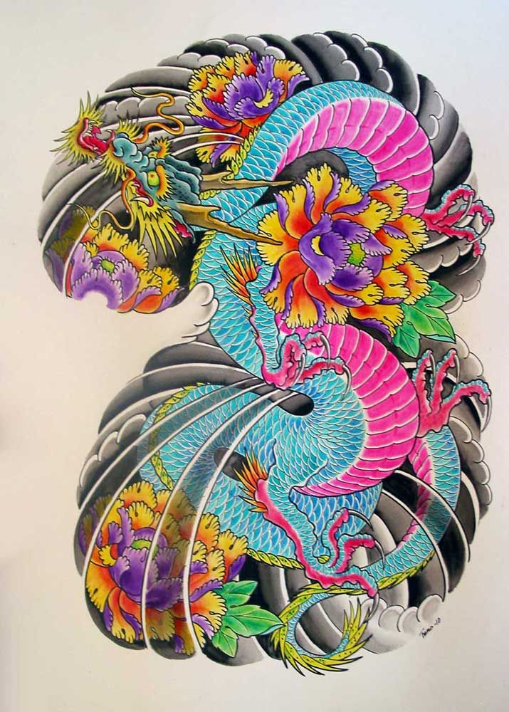 Colorful Traditional Japanese Dragon With Flowers Tattoo Design By TeroKiiskinen