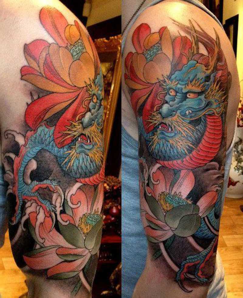 Colorful Traditional Japanese Dragon With Flowers Tattoo On Left Half Sleeve