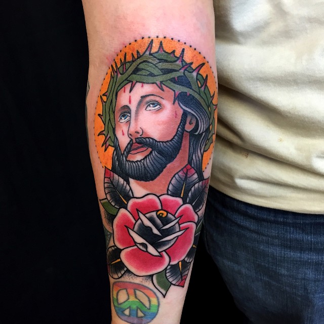 Colorful Traditional Jesus Head With Rose Tattoo On Right Forearm