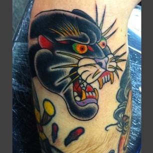 Colorful Traditional Panther Head Tattoo Design For Leg Calf