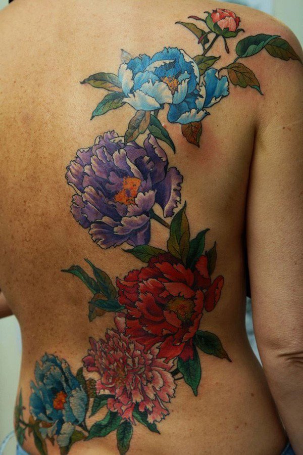 Colorful Traditional Peony Flowers Tattoo On Full Back