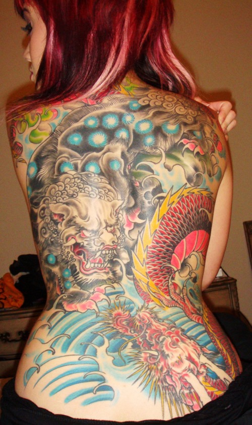 Colorful Traditional Two Dragons Tattoo On Women Full Back