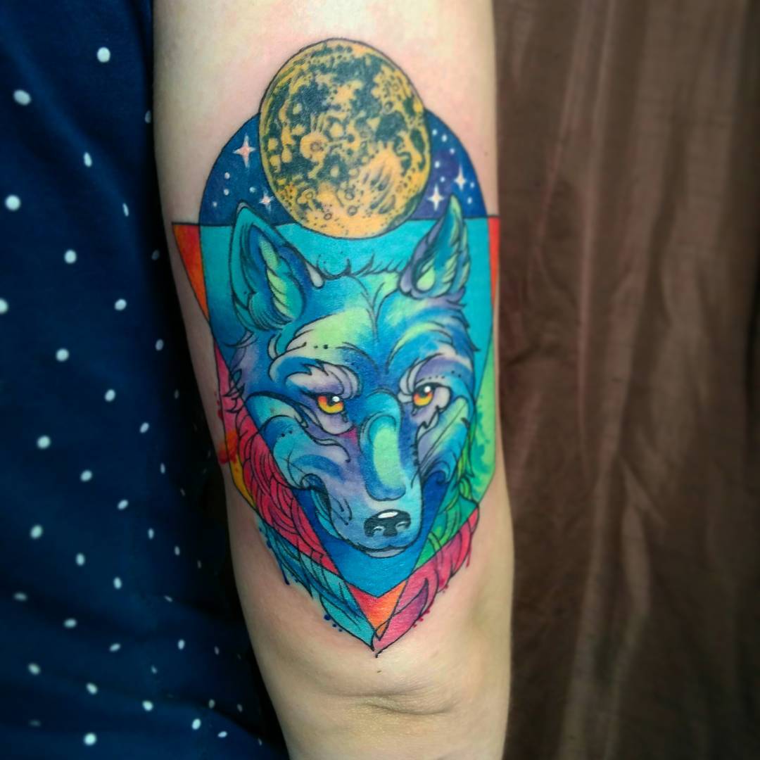 Colorful Wolf Head Tattoo On Arm