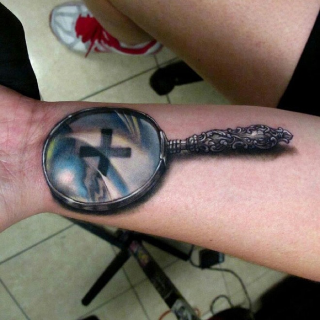 Cool 3D Magnifying Glass Tattoo On Right Forearm