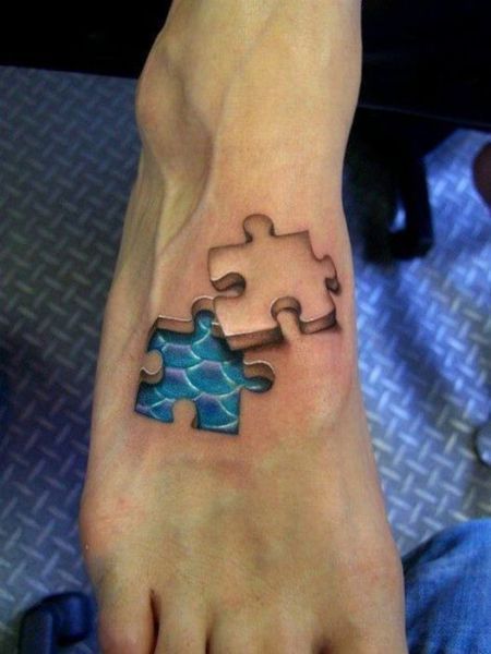 Cool 3D Puzzle Piece Tattoo On Right Foot