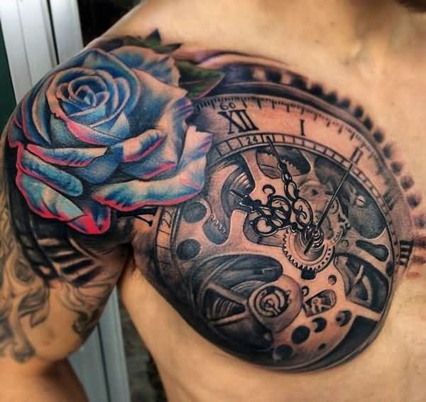 Cool 3D Rose With Clock Tattoo On Man Right Shoulder And Chest