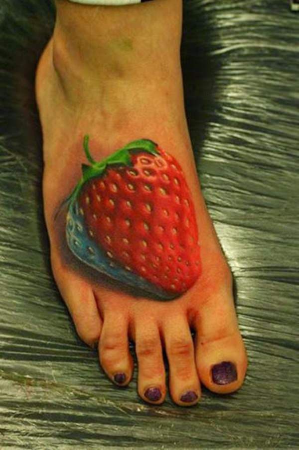 Cool 3D Strawberry Tattoo On Girl Right Foot