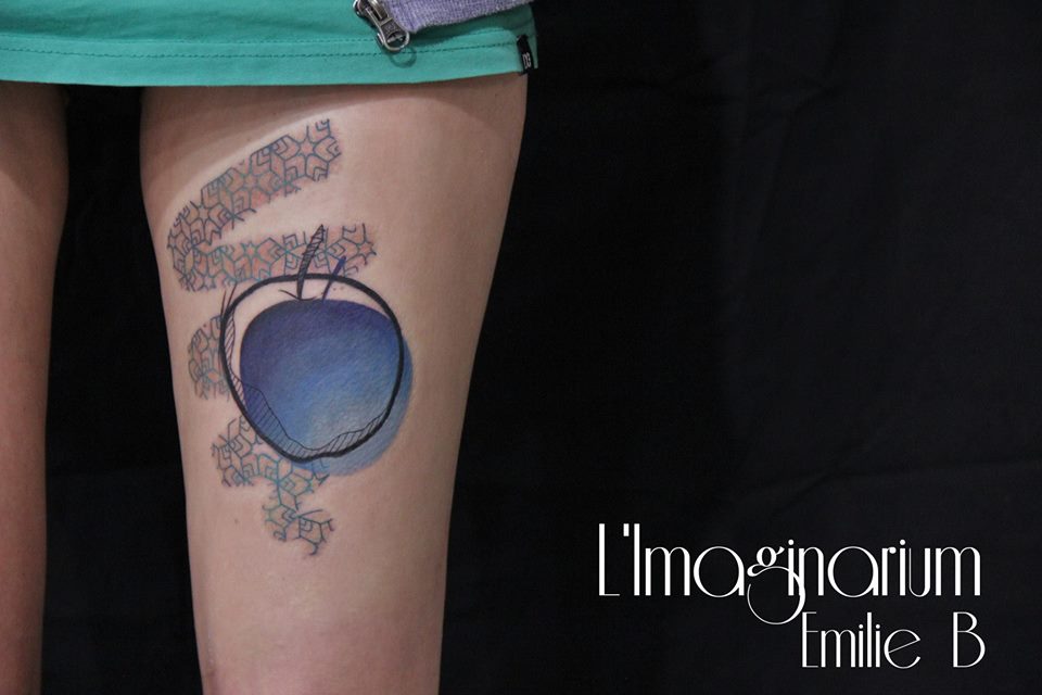 Cool Apple Tattoo On Left Thigh by Emilie B