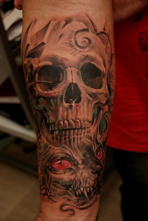 Cool Black And Grey 3D Skull Tattoo On Right Forearm By Dmitriy Samohin