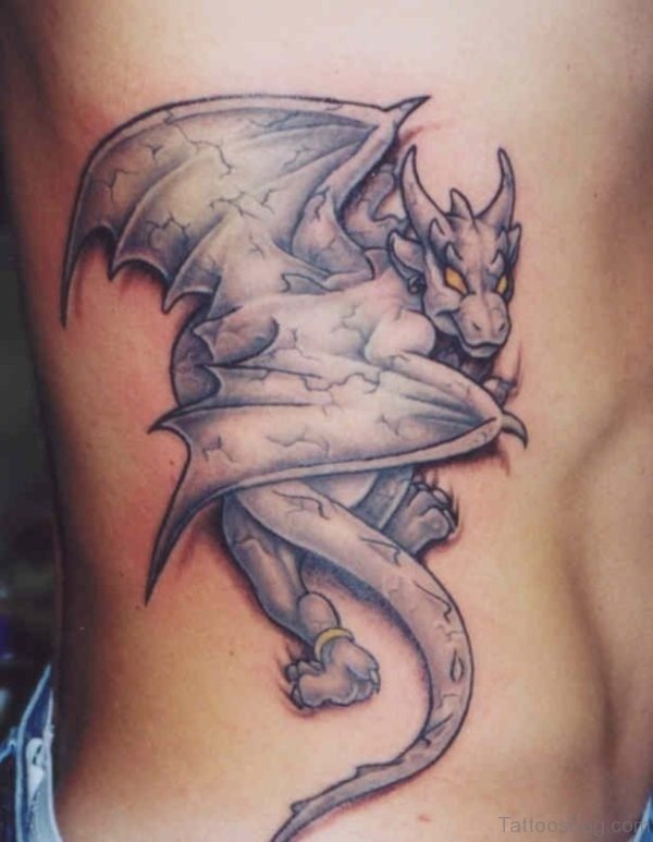 Cool Black And Grey Dragon Tattoo On Right Side Rib
