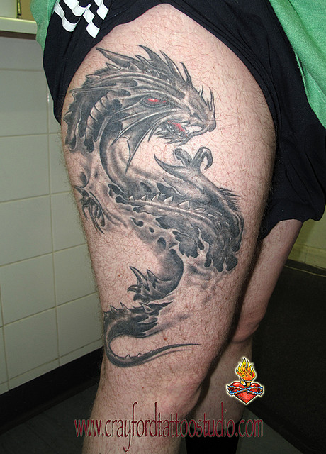 Cool Black And Grey Dragon Tattoo On Right Upper Leg