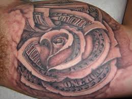 Cool Black And Grey Money Rose Tattoo Design For Sleeve