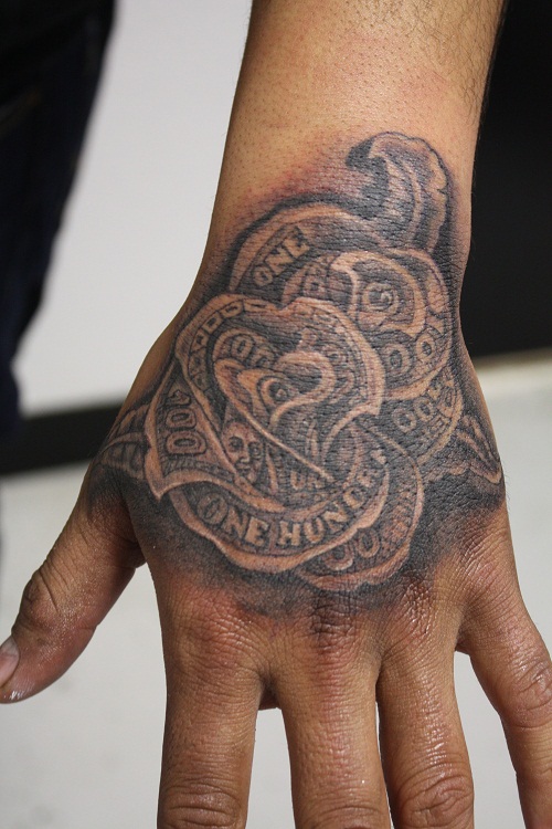 Cool Black And Grey Money Rose Tattoo On Left Hand