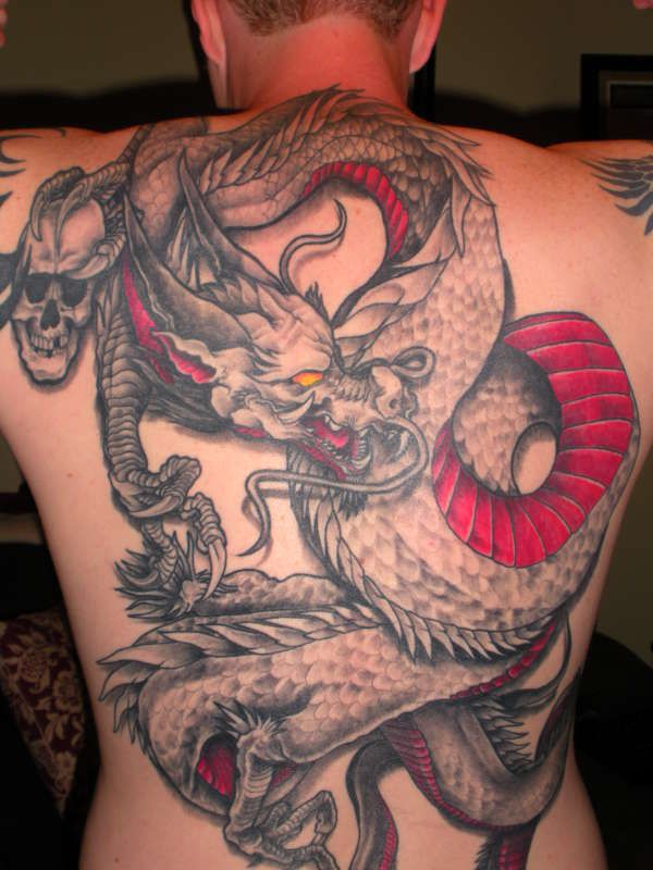 Cool Black And Red Dragon Tattoo On Man Full Back