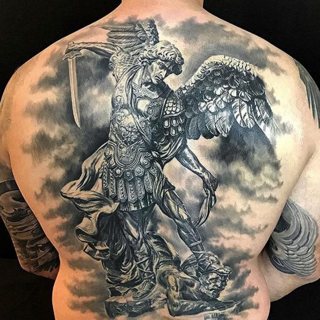 Cool Black Ink Archangel Michael Tattoo On Man Full Back