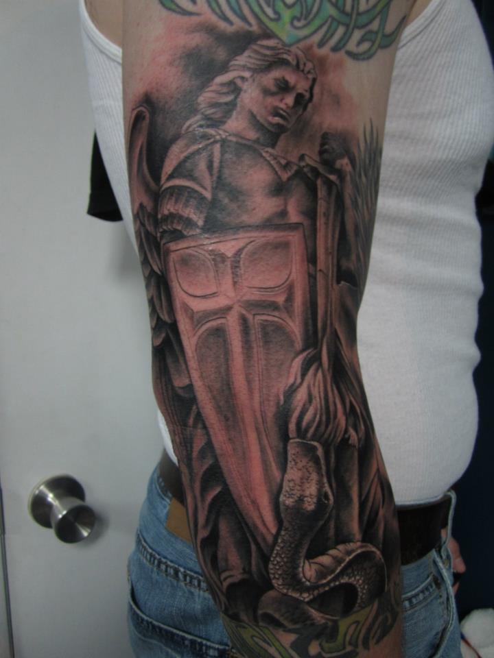 Cool Black Ink Archangel Michael Tattoo On Man Right Full Sleeve